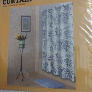 NEW Blue & White Shower Curtain with 12 Hooks
